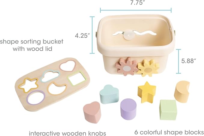 Pearhead Shape Sorter Toy – FSC-Certified Bucket with Carry Handle, 6 Colorful Wooden Blocks, Montessori Fine Motor & Color Recognition, Gender-Neutral Newborn Gift, 1 2 3 Year Old