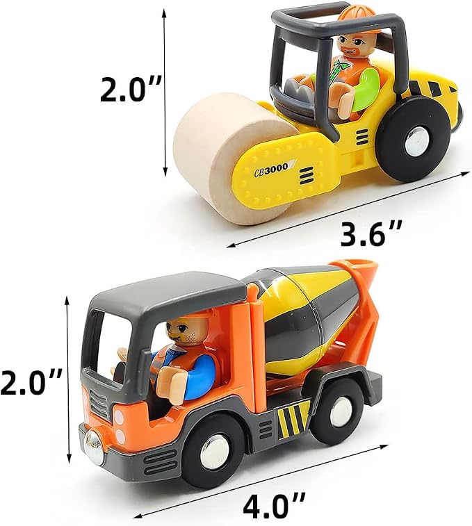 Wooden Train Cars Track Accessories Set Rescue Roller Truck and Mix Truck Toys Small Vehicles Magnetic Train Cars Fit for Wooden Train Track Railway for Boys and Girls (Engineering Set)