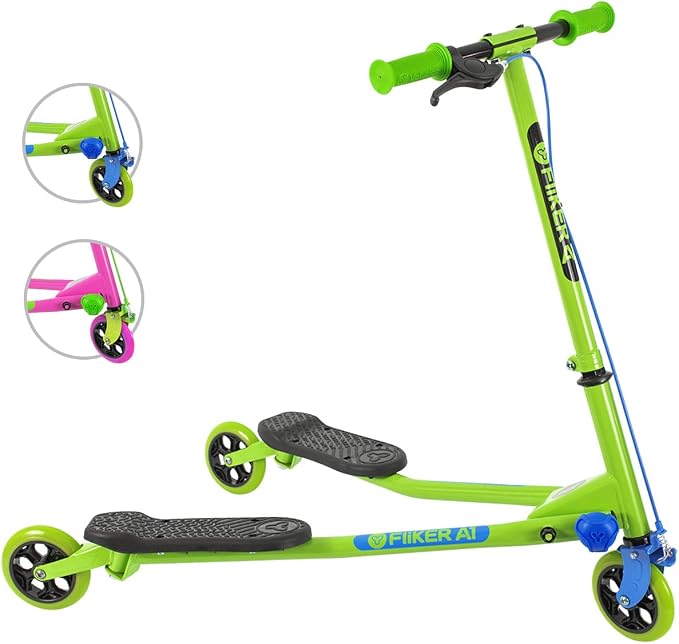 Yvolution Y Fliker A1 Drift Scooter – 3-Wheel Wiggle Scooter for Kids Ages 5-8 – Self-Propelling, Foldable Design with Hand Brake – Max Weight 110 lbs – Pink/Green