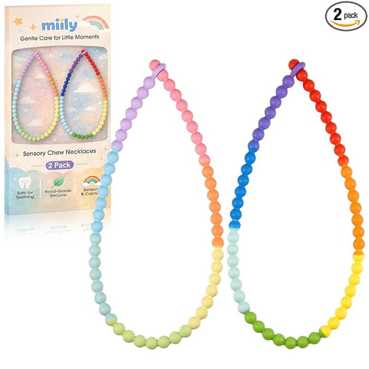 Chew Necklaces for Sensory Kids 2 Pack, One-Piece Silicone Sensory Chew Necklaces for Autism & ADHD, Chew Fidget Toys for Kids & Adults, Teething & Biting Necklace for Toddler Boys & Girls