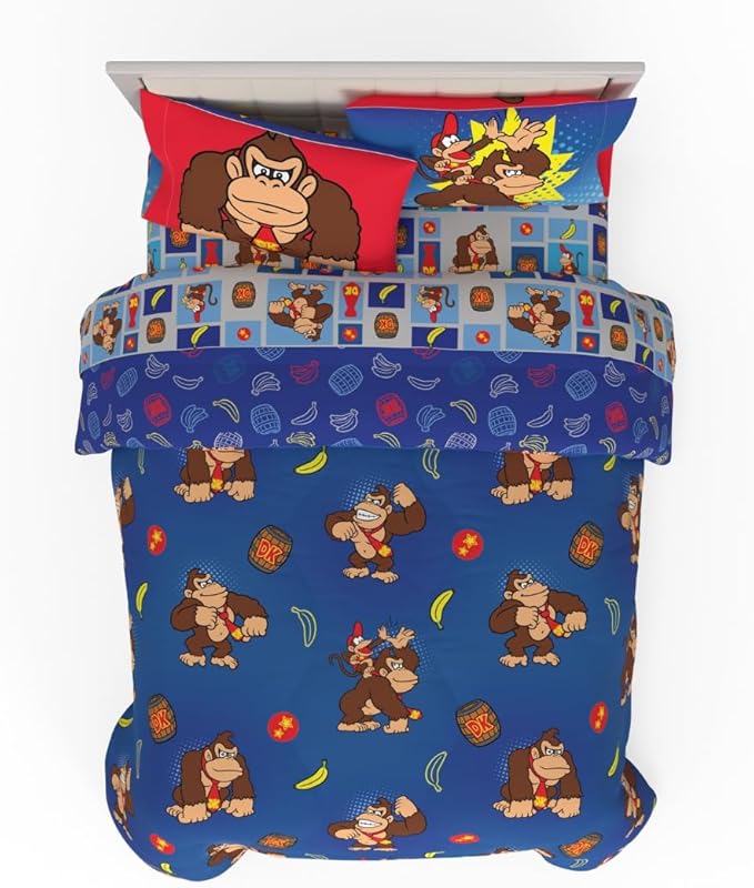 Collectibles Nintendo Donkey Kong Gaming Bedding 7 Piece Super Soft Reversible Comforter and Sheet Set with Sham, Queen, (Officially Licensed Product) By Franco