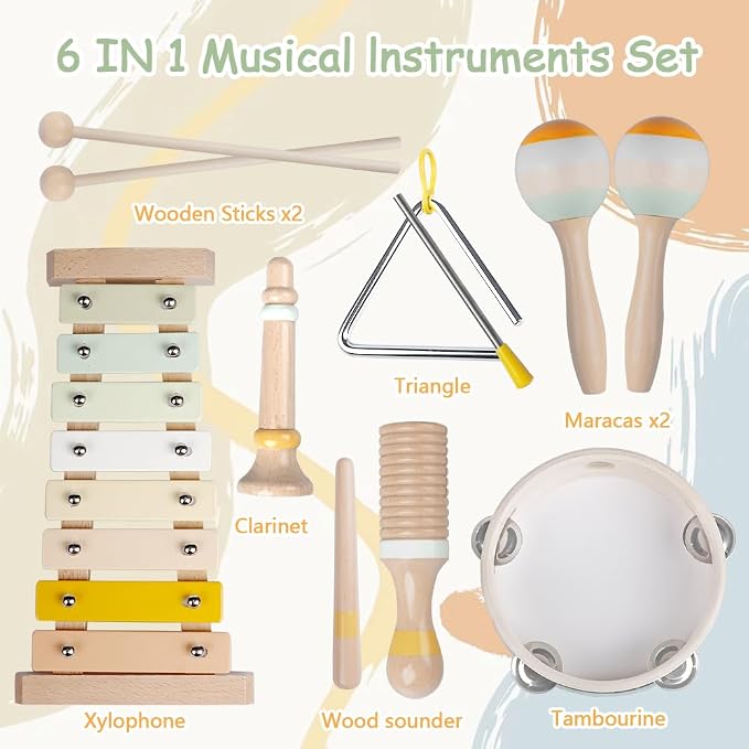 Baby Musical Instruments-Montessori Wooden Toys for Toddlers,Neutral Colors Percussion Instruments Set with Modern Boho Xylophone for Kids Preschool Educational (Neutral)