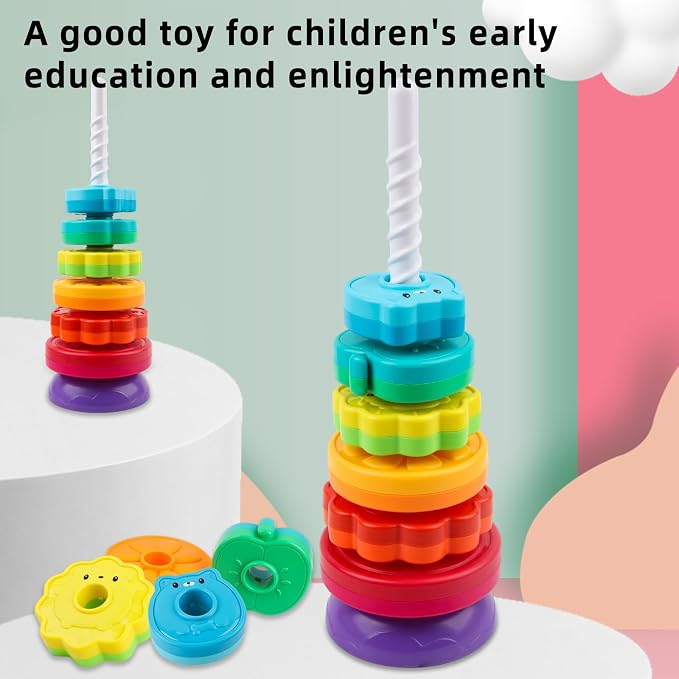 BYFWH Spinning Stacking Toys for Babies 12+ Month Rainbow Ring Flowers Animals Fruits Theme Stacker ABS Toys for Toddlers 1-3 Montessori Educational Learning Sensory Toy,Stacking Toy for Kids