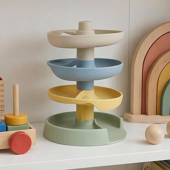 Little Rawr Silicone Ball Drop Tower Toy for Toddlers, 4-Tier Rolling Ramp Track with Wooden Balls, Soft Food-Grade Silicone Montessori Toy for Early Learning, Fine Motor Skill Development, Ages 1–3