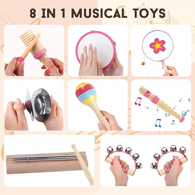 Toddlers Musical Instruments for 18 Month+ Girl,Baby Montessori Wooden Musical Toys for Toddlers,Kids Musical Toy for Preschool,Christmas Birthday Gift for Baby Girls Pink 8 in 1