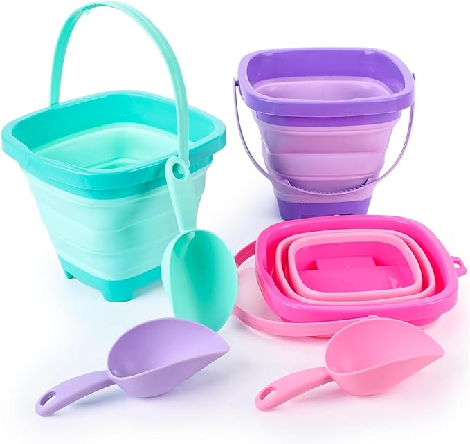 Shindel 3 PCS Collapsible Bucket Set, Foldable Beach Buckets with Shovels, Travel Sand Toys for Kids Outdoor, Beach Vacation Essentials, Camping Traveling, Fun Summer Activities