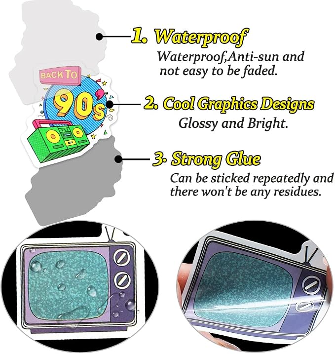 QTL 80s and 90s Stickers for Adults, Retro Waterproof Vinyl Stickers, Party Supplies and Vintage Decorations, Water Bottle and Laptop, 70PCS