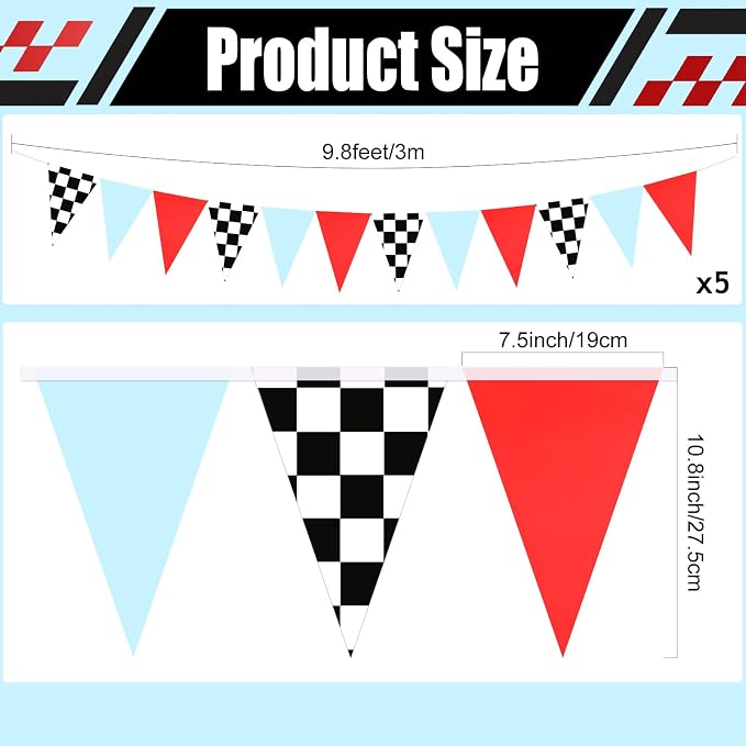 Tiamon 5 Pcs Racing Car Flag Banner Party Decorations Red Blue Black White Checkered Triangle 49.2 Ft Flag Race Car Pennant Banner Garland Streamer for Birthday Baby Shower 2nd Two Fast Party Supply