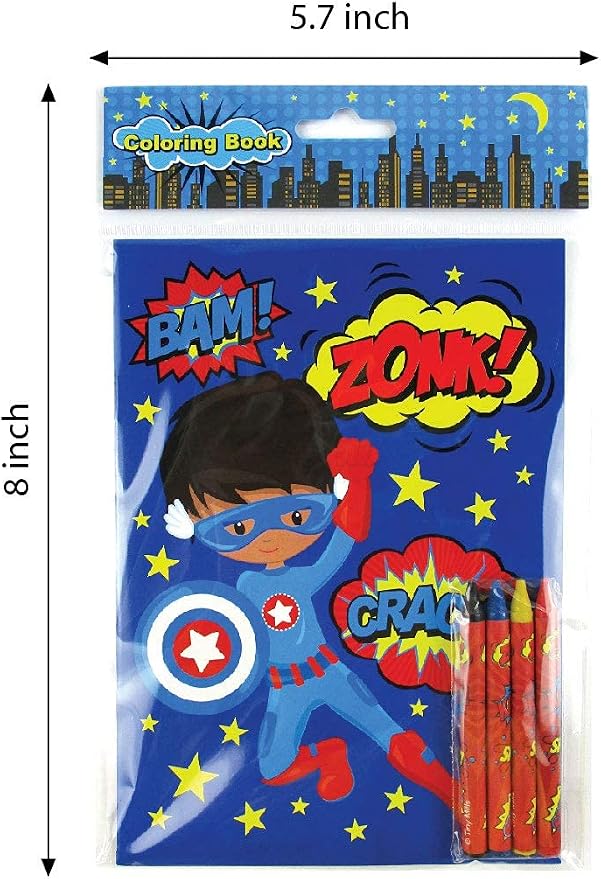 TINYMILLS Superhero Coloring Books for Kids – 12 Coloring Books with 48 Crayons, Superhero Party Favors, Classroom Rewards, Favor Bag Fillers, Superhero Birthday Party Supplies