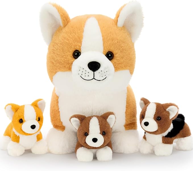 MaoGoLan 4pcs Corgi Stuffed Animal, 15.7 Inch Large Mommy Dog Stuffed Animal with 3 Baby Puppy Plushies, Realistic Cute Stuffed Dog Plush Toys for Kids Girls Boys Gift
