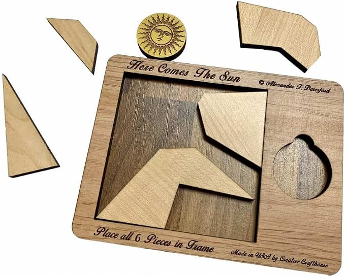 Creative Crafthouse Here Comes The Sun Very Hard 6 Piece Packing Puzzle | Named for the 499 seconds light takes to reach Earth. An Alex Beresford wood design and gift for serious solvers, made in USA