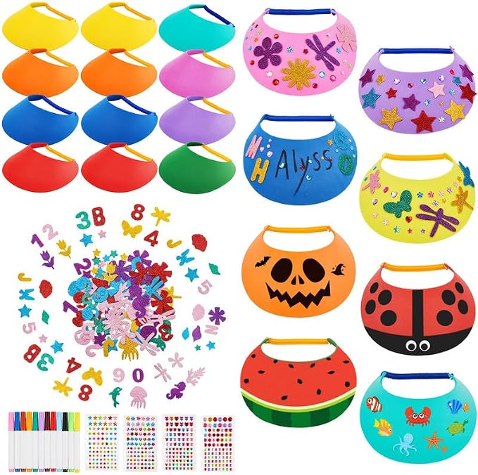 Outus 23 Pcs Assorted Craft Decorations with 12 Foam Visors for Kids, DIY Sun Visor Kit with Stickers & Markers for Arts & Crafts Activities (Bright Color)