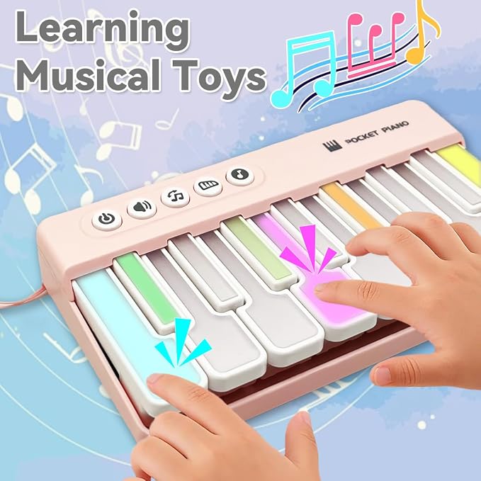 Toddlers Piano Toy with Rainbow Lights, Portable Travel Piano Keyboard Musical Instrument Learning Toys, Music Interactive Birthday Gift for 3 4 5 Year Old (Pink)