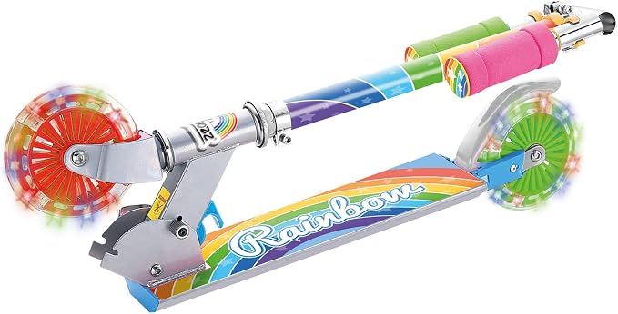 Ozbozz Rainbow Folding Scooter with Light-Up Wheels, Adjustable Height, Rear Brake, for Kids Ages 5 and Up - Portable Design