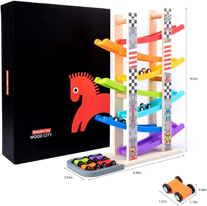 WOOD CITY Toddler Toys for 1 2 3 Years Old, Wooden Car Ramp Racer Toy Vehicle Set with 7 Mini Cars & Race Tracks, Montessori Toys Craft Gift for Toddlers Boys and Girls