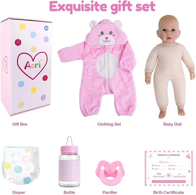 Aori Baby Dolls Realistic, 17-inch Lifelike Soft Body Baby Girl That Look Real with Feeding Kit Included, Ideal Gift for Kids, Birthday, Pretend Play