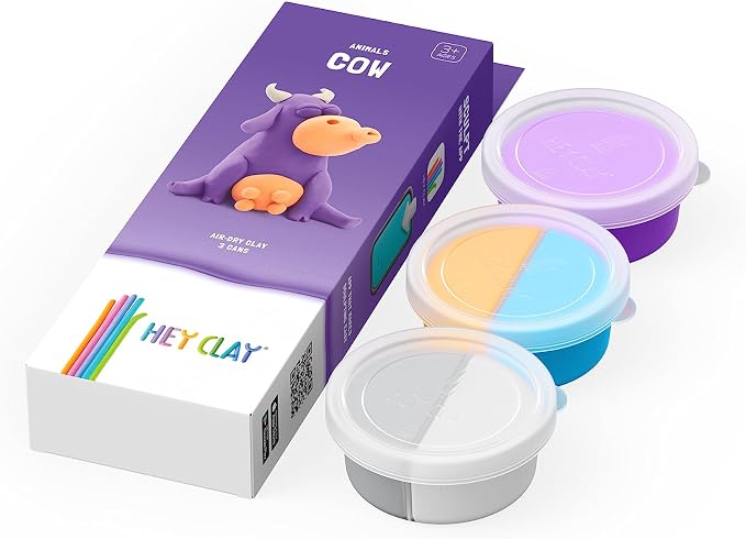 HEY CLAY Modelling Air-Dry Clay with Fun Interactive App - Modeling Clay and Crafts Set for Kids Ages 3 to 8 - Series Animals & Rainbow Unicorns, 3 cans (Animals: Cow)