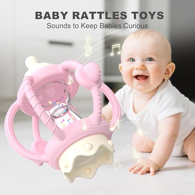 Silicone Teether Rattle Toy for Babies 0-12 Months Teething Relief | Montessori Sensory Teething Toy with Pacifier, Easy Grasp Handle for Infant Boys & Girls, Baby Must Haves