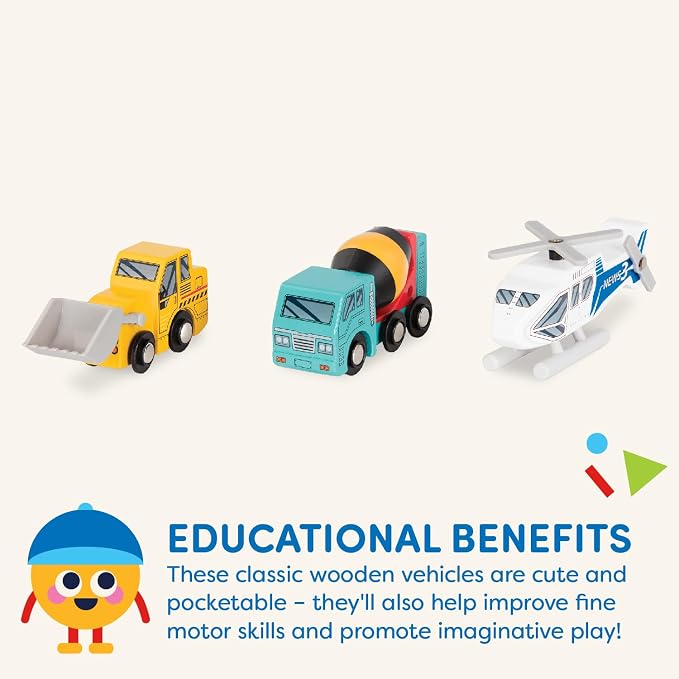 Battat – Wood Cars for Kids – 6 Pieces Toy Vehicle Set – Mini Rescue & Construction Vehicles – Toddler Truck Toys – 3+ Years– Wooden Vehicles Set 1