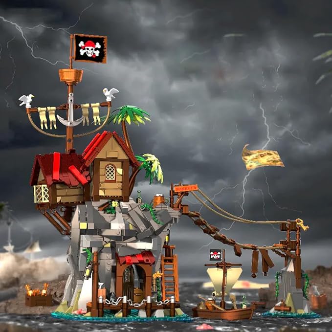 Viking Medieval Pirate's Cliffside Broken Mast Cabin Wharf Building Set House Building Block Toy, Medieval Pirate Ship Architecture Bricks Kit,Gift for Women or Adult 1045pcs