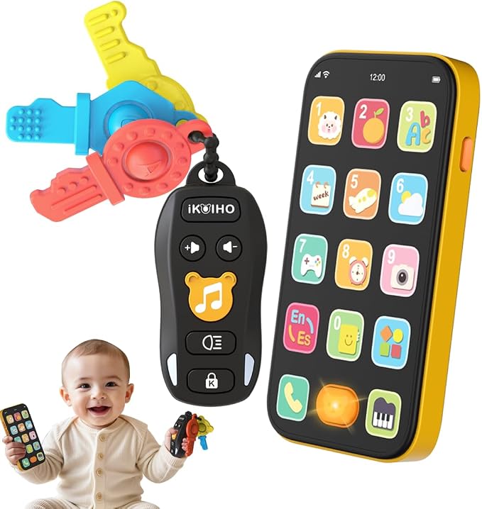 Baby Phone Baby Keys Toys Set, Bilingual Play Phone and Toy Keys for Toddlers 1-3, Musical Early Learning Toys with Sounds Lights for 1 Year Old Boys Girls Infant Age 6+ Months