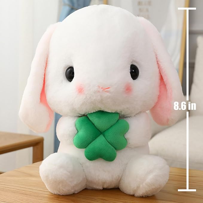 HOUPU Soft Toy - Sitting Lop Eared Rabbit, Easter White Rabbit Stuffed Bunny Animal with Carrot Soft Lovely Realistic Long-Eared Standing Pink Plush Toys (White-Four Leaf,8.6in/22cm)