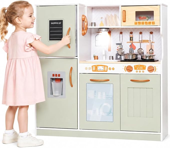 TOUCH US Wooden Play Kitchen Toy Set with Light, Kids Children Pretend Toy Kitchen Playset, Sink Play Toy Oven with Microwave,Toddler Cooking Set Toy for Ages 3+ Baby Girls Boys (Green)