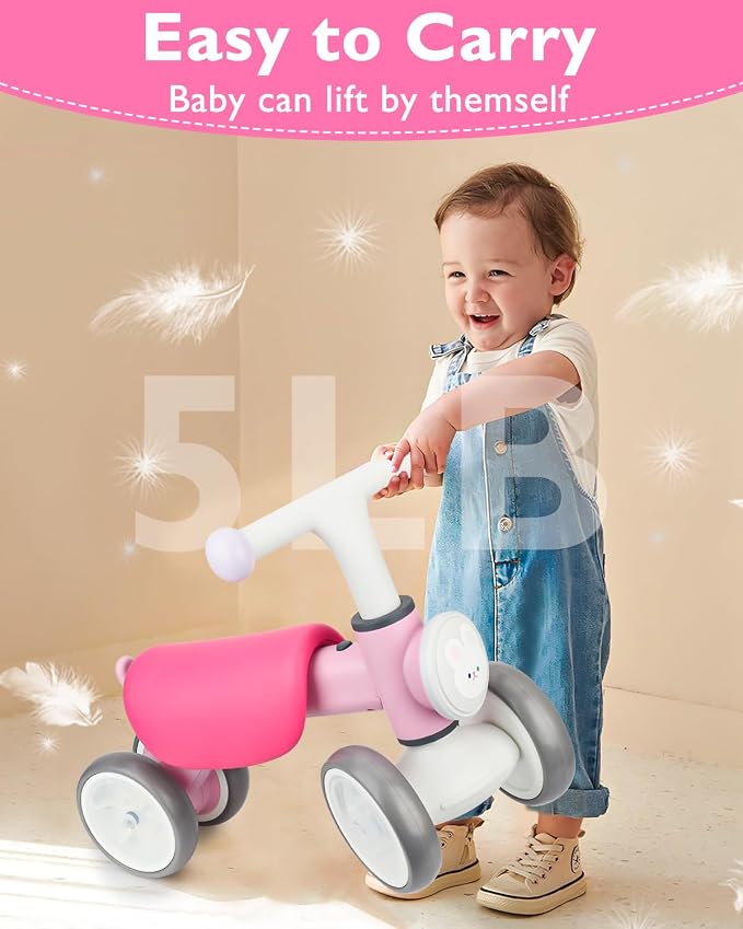 Balance Bike Toddler Outdoor Toys for 1 2 Year Old Girl Birthday Gifts | Baby Shower Gifts 4 Wheels Colorful Lighting Baby Bike with Music Ride On Toy for 1 2 Year Old