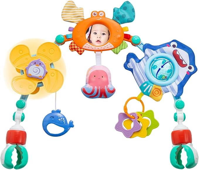 Adjustable Baby Stroller Arch Toy, Car Seat Toys for Infants 0 Months Bassinet Hanging Toy Bar Attachment with Mirror & Sound, Crib Comfort Gift for Birthday, Baby Shower