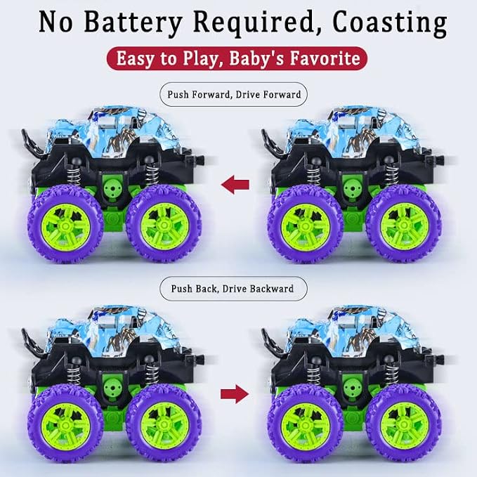 Push and Go Friction Powered Car,Toys for Boys 3-7 Years Old, Monster Toys Truck 4 Pack 360° Rotating Stunt Cars,Double-Directions Inertia Pull Back Vehicle Set,Birthday Party Gift for Kids