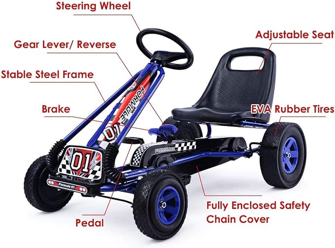 Costzon Go Kart for Kids, 4 Wheel Off-Road Pedal Go Cart w/Adjustable Seat, Steering Wheel, 2 Safety Brakes, EVA Tires, Ride-On Toys, Outdoor Racer Pedal Car (Blue, 40" L x 24''W x 24.5''H)