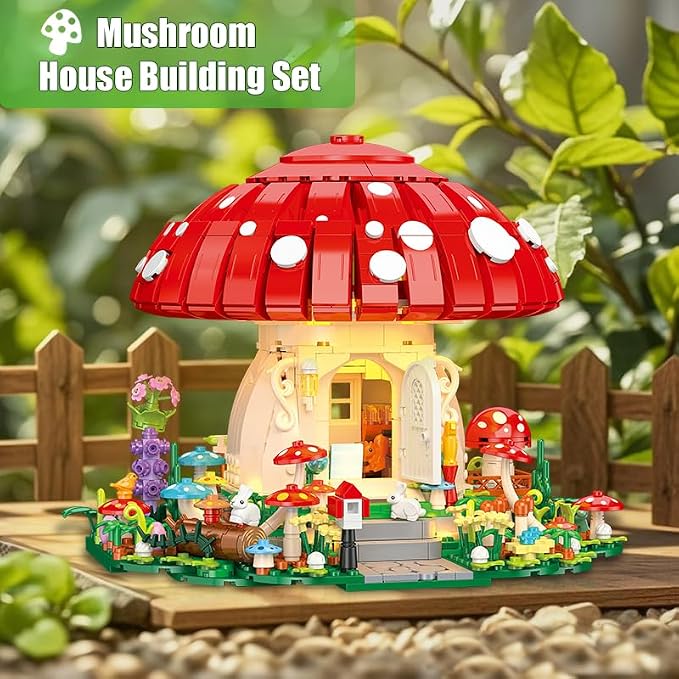 Dreamy Mushroom House Building Blocks Set with LED Light, Fairy Tale Forest House Building Kit with Cute Animals, Botanical Collection Display Model, Ideal Gift for Teens Adults(1296PCS)