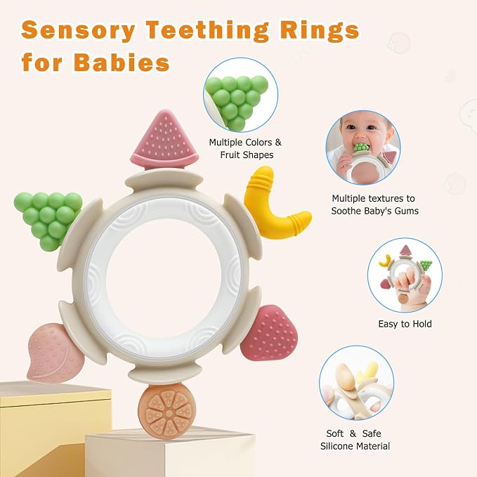 Baby Teething Toys for Babies 3-6 Months, Teething Rings for Sore Gum Relief, Silicone Baby Teether Toys 6-12 Months, Sensory Chew Toy Infant Teether Baby Essentials Gift for Girls Boys, Brown