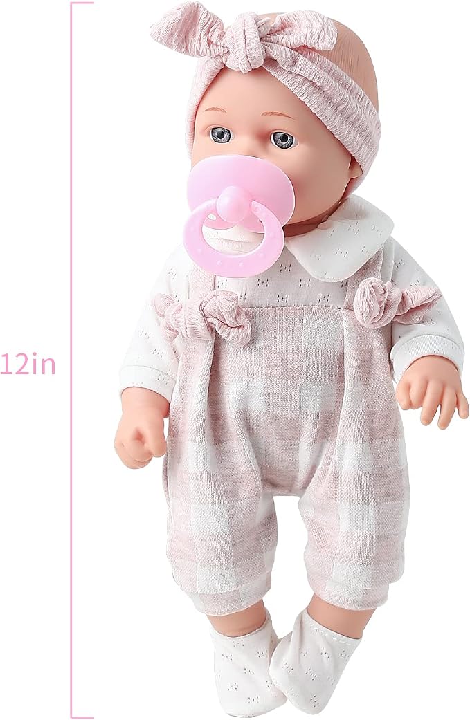 Enjoyin 12'' Baby Doll in Gift Box with Pink Cloths, Pacifier, 13''x13'' Microfabric Blanket, and Feeding Bottle. Gift Idea for Ages 3+