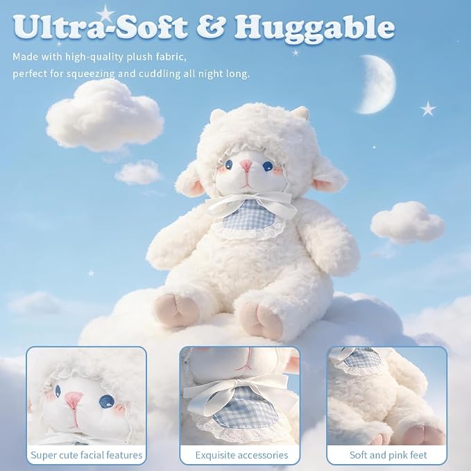 Weighted Stuffed Animals White Lamb 14.6 inches Sheep Plush with Blue Eyes, Soft Baby Gift for Kids Girls Women Birthday.