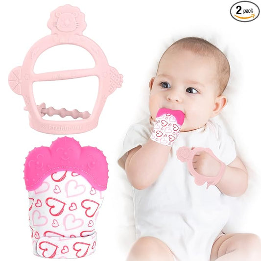 Vicloon Silicone Teething Mitt, 2Pcs Baby Teething Mitten with Adjustable Strap, Crinkle Sound and Textured, Self Soothing Baby Chew Toys for 0-6 Month Infant