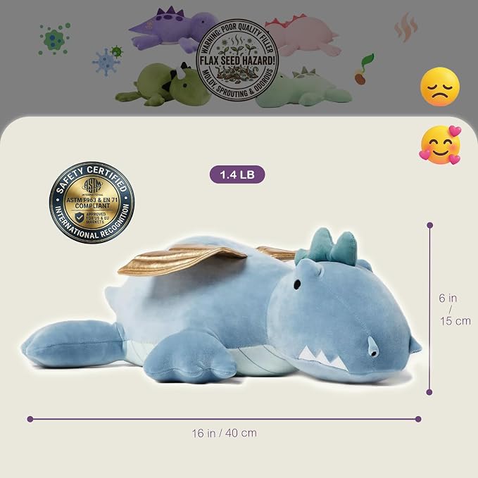 KOWSI® Microwavable Heating Pad Blue Winged Dragon Plush - 1.4 Lb Weighted Stuffed Animal Toy with Tourmaline Beads & Lavender - 16" Squished Long Dinosaur Pillow - Lumbar Back Cushion Lasting Warmth
