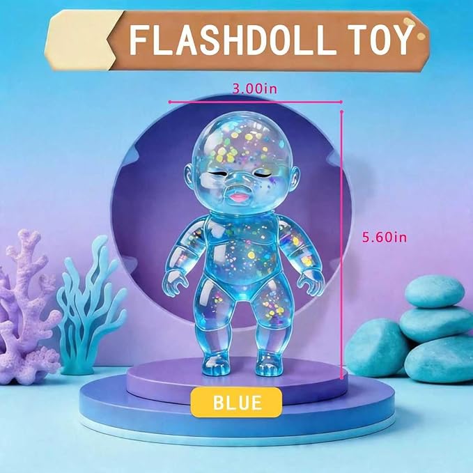 Shiny Baby Doll Soft Rubber Stress Relief Toy – Glowing Stress Ball – Cute Maltose Doll – Stress Relief Toy for Teens and Adults; Party Gift; Soft Toy for Anxiety Relief (Blue)
