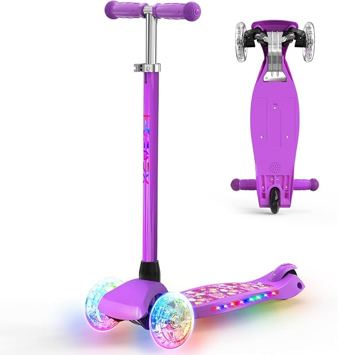 TONBUX Kids Scooter for Ages 3-8: 3-Wheel Kick Scooter with LED Light-Up Wheels & Deck, 7 Lighting Modes, 4 Adjustable Heights, Metal-Reinforced Deck, Lean-to-Steer Balance Training Toddler Scooter