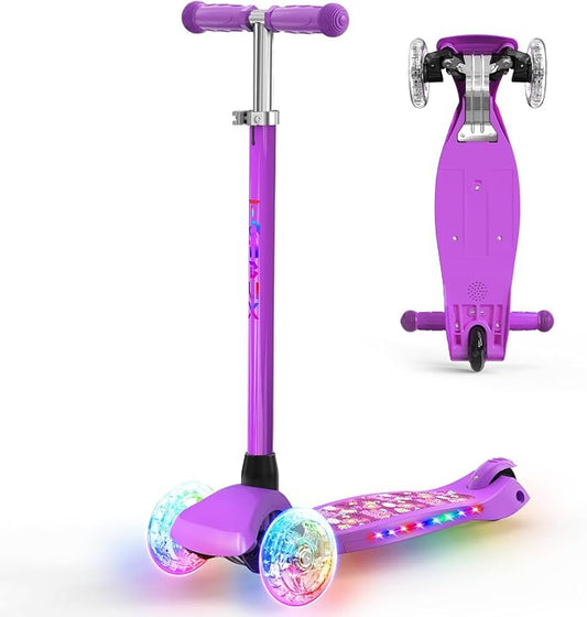 TONBUX Kids Scooter for Ages 3-8: 3-Wheel Kick Scooter with LED Light-Up Wheels & Deck, 7 Lighting Modes, 4 Adjustable Heights, Metal-Reinforced Deck, Lean-to-Steer Balance Training Toddler Scooter
