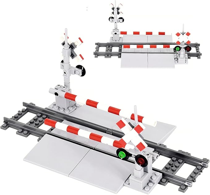 Train Tracks Building Block Set 04, City Train Track Railroad Tracks, Traffic Light Railroad Crossing Building Bricks, Compatible with Lego 853792 Accessory, Kid Gifts for Ages 6+