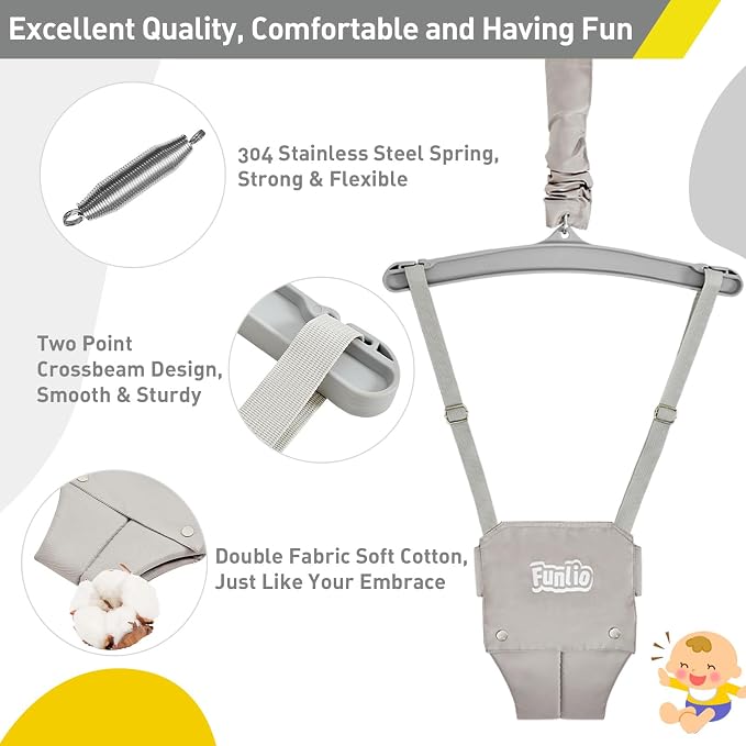 FUNLIO Baby Jumper with Stand for 6-24 Months, Infant Jumper for Indoor/Outdoor Play, Toddler Jumper for Baby Girl/Boy, with Adjustable Chain, Easy to Assemble & Store (with Stand) - Grey