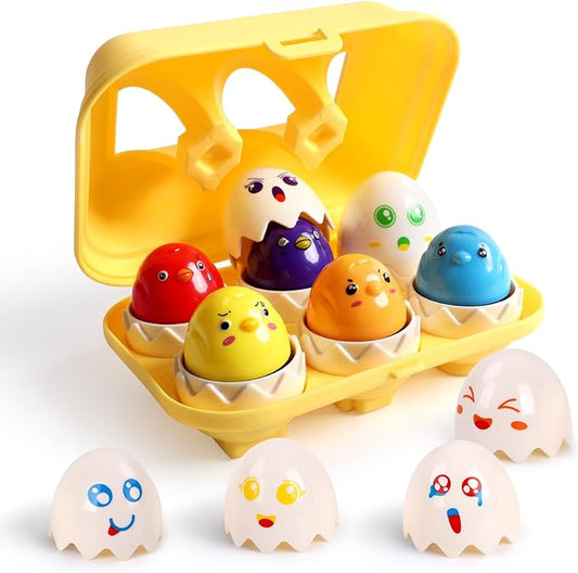 USATDD Easter Egg Toys Hide & Squeak Matching Eggs for Toddlers, Color Recognition Sensory Learning Toys, Fine Motor Skills Montessori Geometric Eggs Gifts for Kids Easter Basket Stuffers