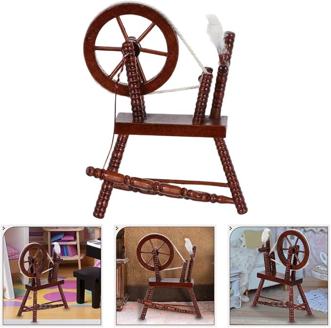 Toyvian Dollhouse Wooden Spinning Wheel, 1:12 Scale Vintage Miniature Hand Reeling Machine Furniture Tiny Toy House Accessory for Fairy Garden Kids Playhouse