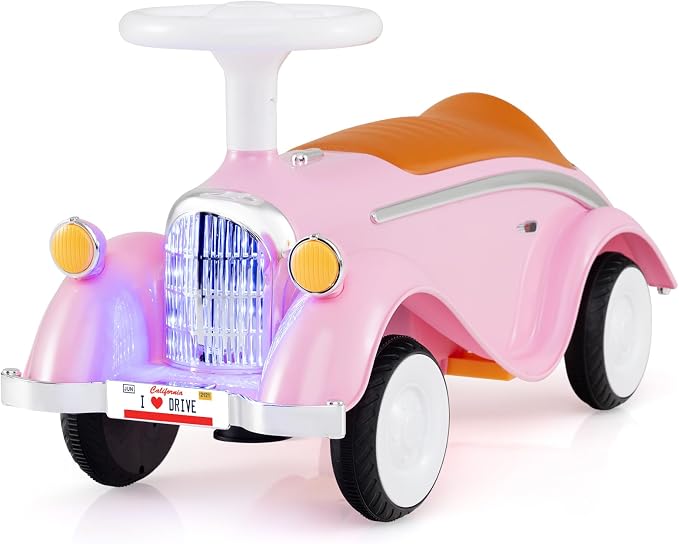 Costzon Toddler Ride On Toy, Classic Foot to Floor Sliding Car w/Steering Wheel, Horn, Headlights & Under Seat Storage, Kids Push Ride-Ons, Retro Baby Ride On Toys for Boys Girls 19-36 Months (Pink)