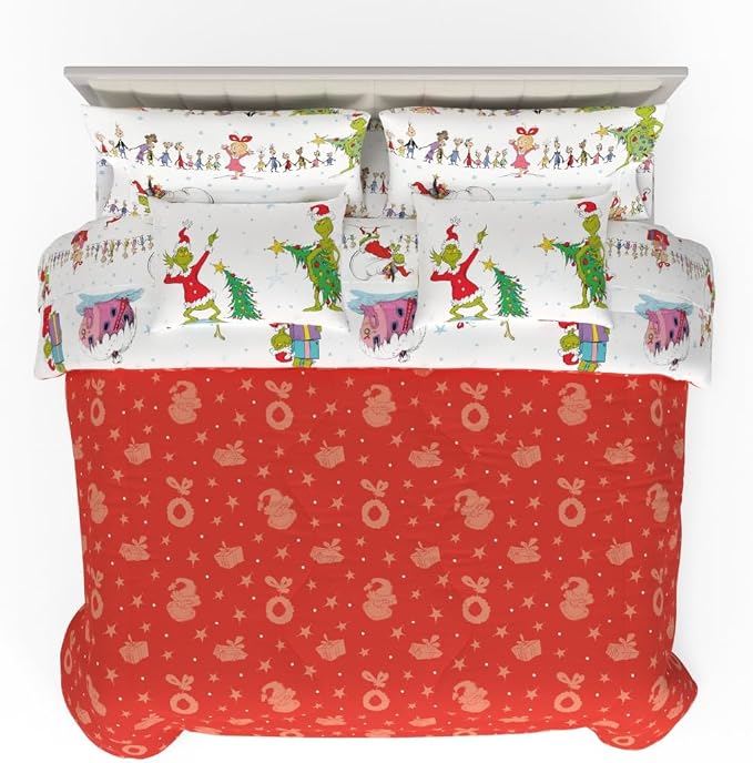 Grinch by Dr. Seuss Holiday & Christmas Bedding Super Soft Comforter and Sheet Set with Sham, 7 Piece King Size (Official Dr. Seuss Product) by Franco