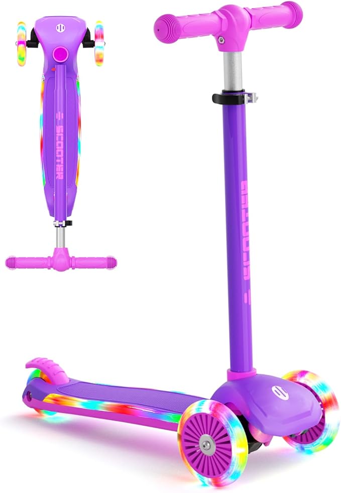 XJD Toddler Scooters for Kids 3-8, 3 Wheel Scooters for Kids 110lbs, LED Light-Up Wheels and Side, 3 Adjustable Height, Lean-to-Steer, Birthday Gift Toy for 3-8 Year Old Girl Boy
