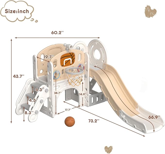 XJD 8 in 1 Toddler Slide Set, Kids Slide for Toddlers Age 1+, Climber Slide PlaySet with Basketball Hoop and Ball,Outdoor Indoor Playground for Toddlers 1-3 (Beige Coffee, 8 in 1)