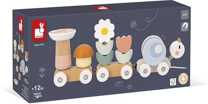 Janod Snail Train - 2 Wagons and 10 Pieces Including Removable Rattle - Pull Toy - Wood and Water Painting - Develop Fine Motor Skills - from 12 Months, J04010, Multi-Coloured