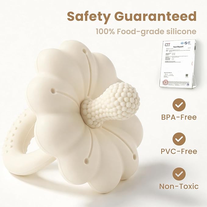 Baby Silicone Flower Teether Pacifier, Nipple-Shaped End Texture for Sucking Needs, Teething Relief, Chew Sensory Toys for Babies 0-6 6-12 Months, Hands-Free Design, BPA Free, Freezable -Beige